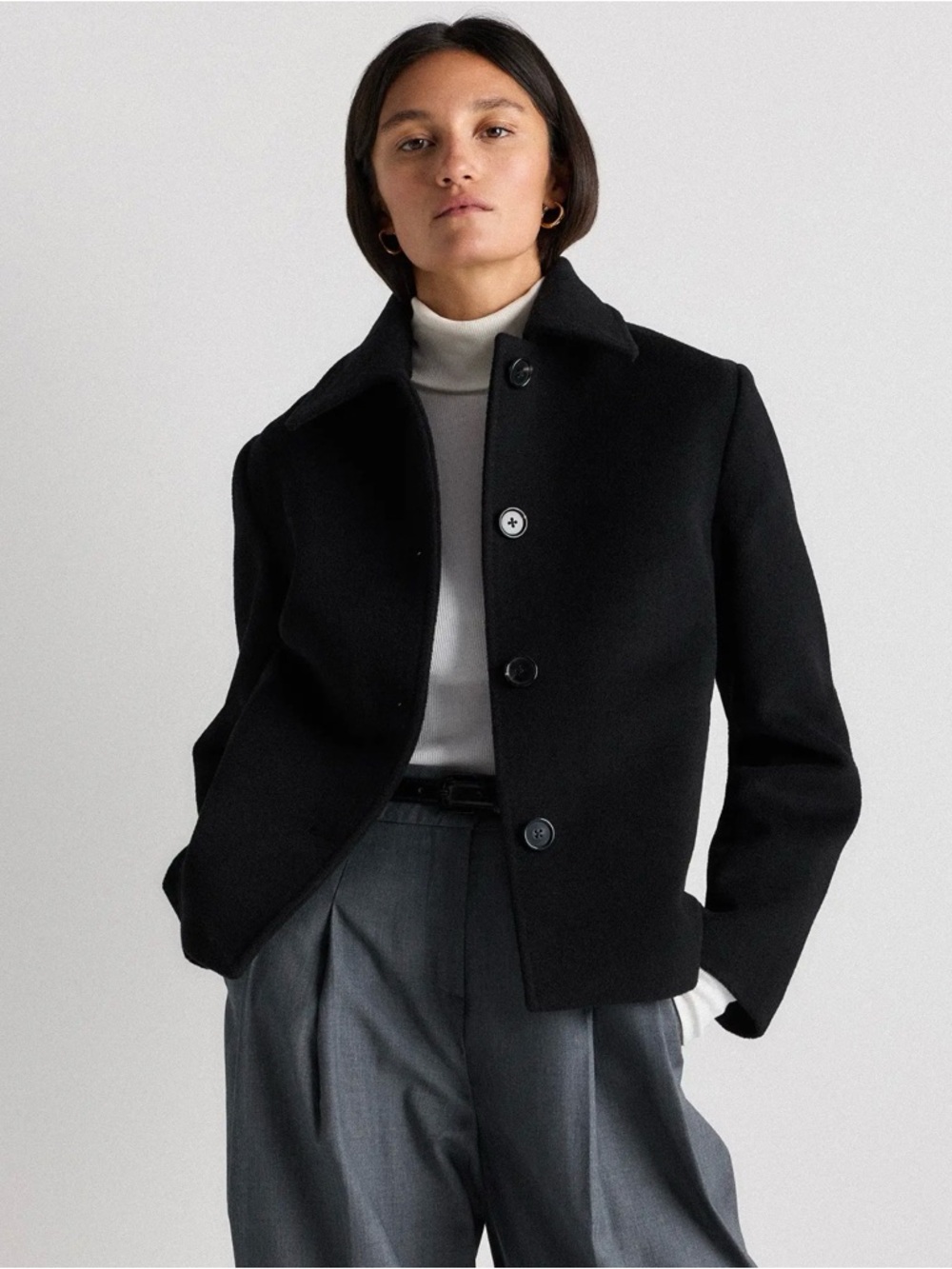 Quince Black Cropped Wool-Blend Button Jacket